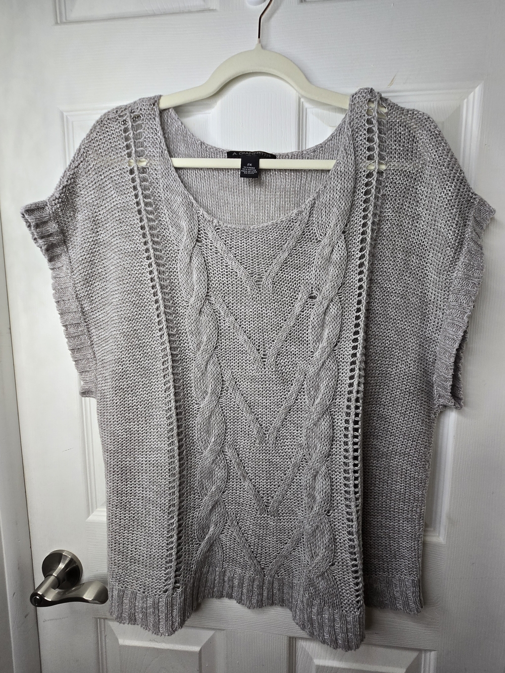 A. Giannetti Woman Grey Cable Knit Open-Stitch Short Sleeve Sweater - 2X
